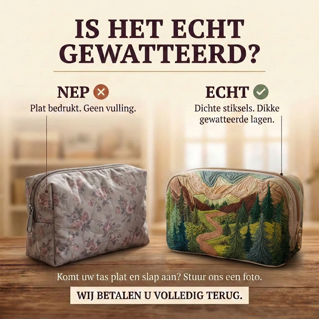 Gewatteerde make-uptas Smaragden Bladerdak: echt gewatteerd tegenover plat bedrukt