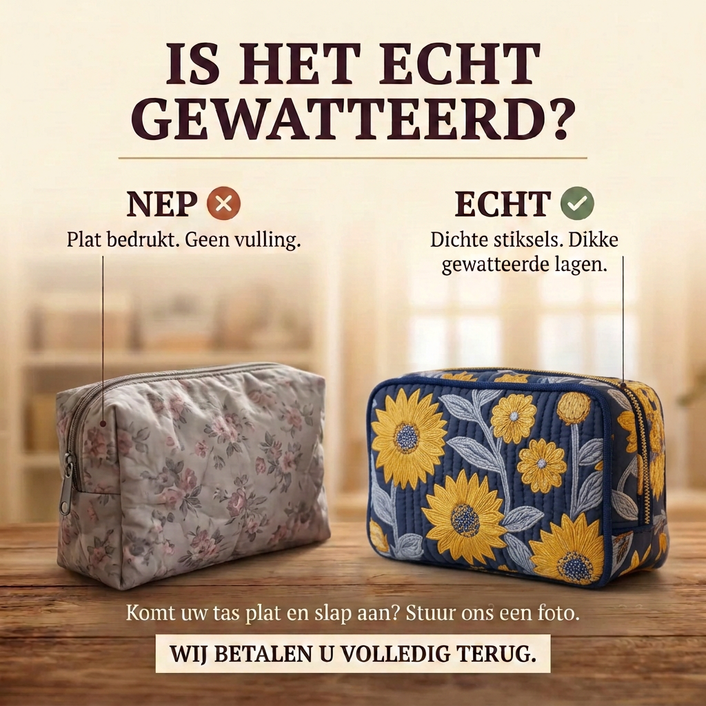 Gewatteerde make-uptas Stralende Bloei: echt gewatteerd tegenover plat bedrukt