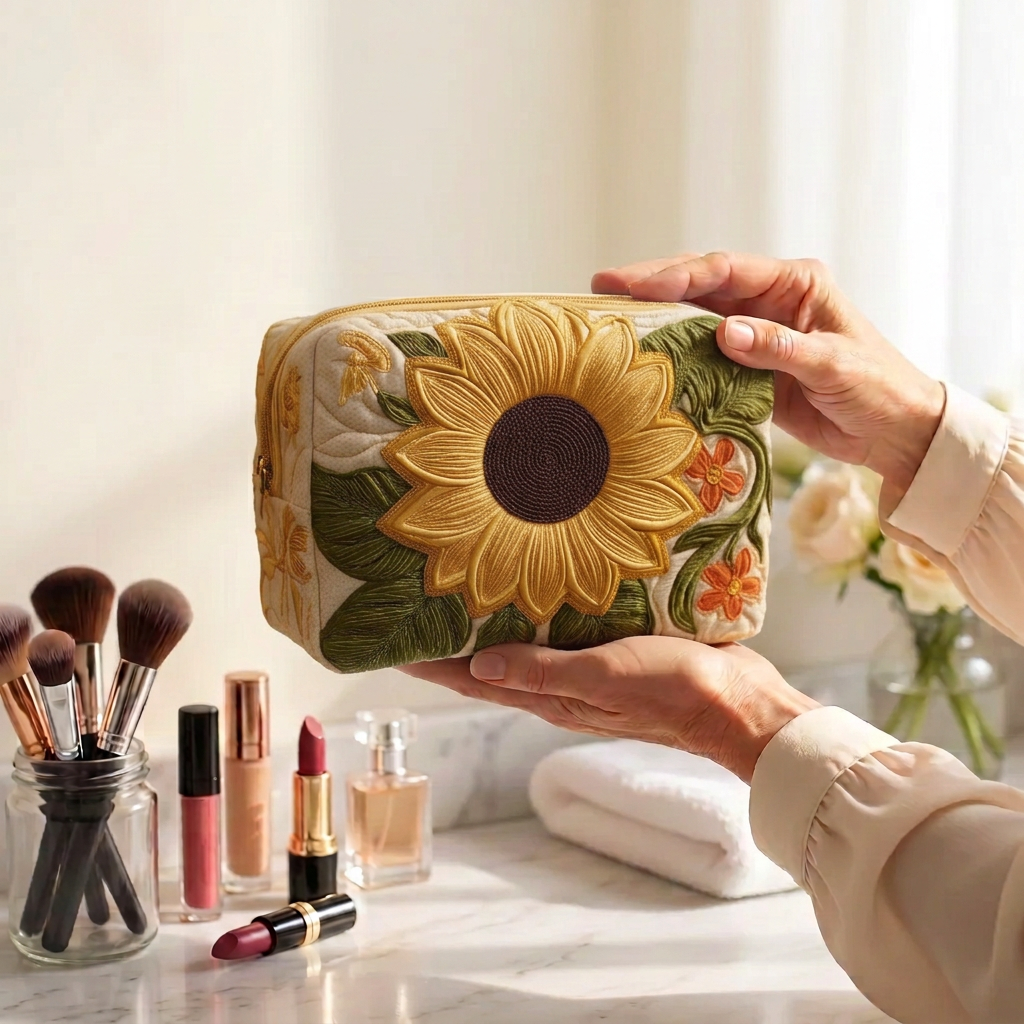 Trousse de maquillage matelassée Fleur Éclatante tenue en main près de la coiffeuse
