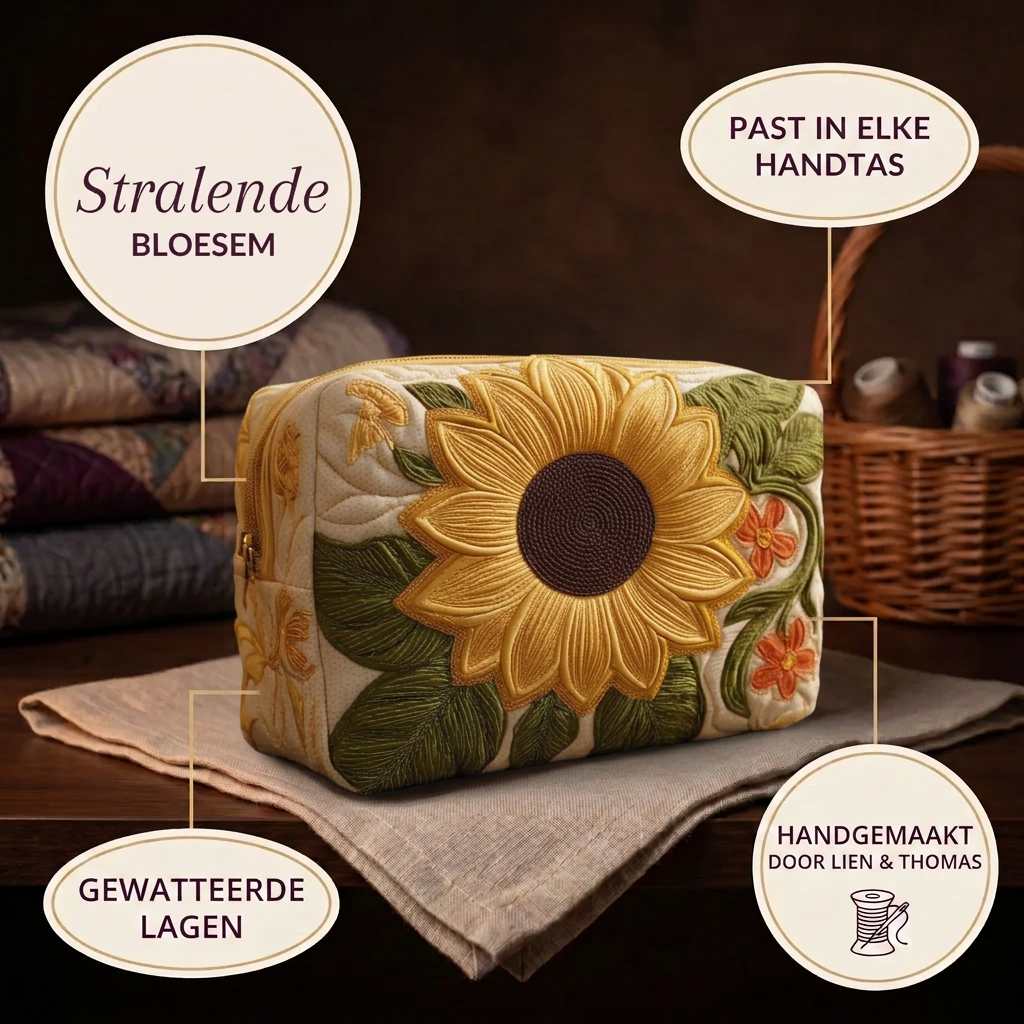 Trousse de maquillage matelassée Fleur Éclatante en détail : tient dans tous les sacs, matelassée