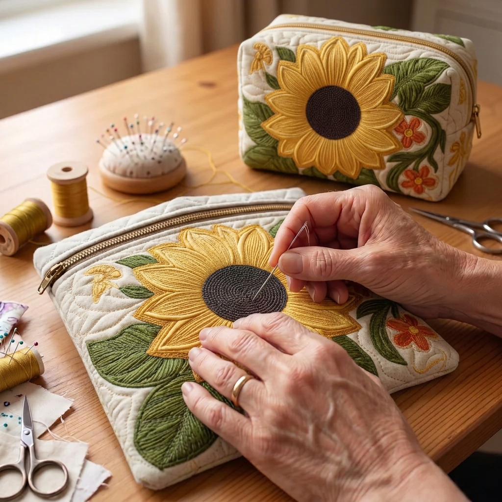 Tissu matelassé au motif Fleur Éclatante en cours de couture
