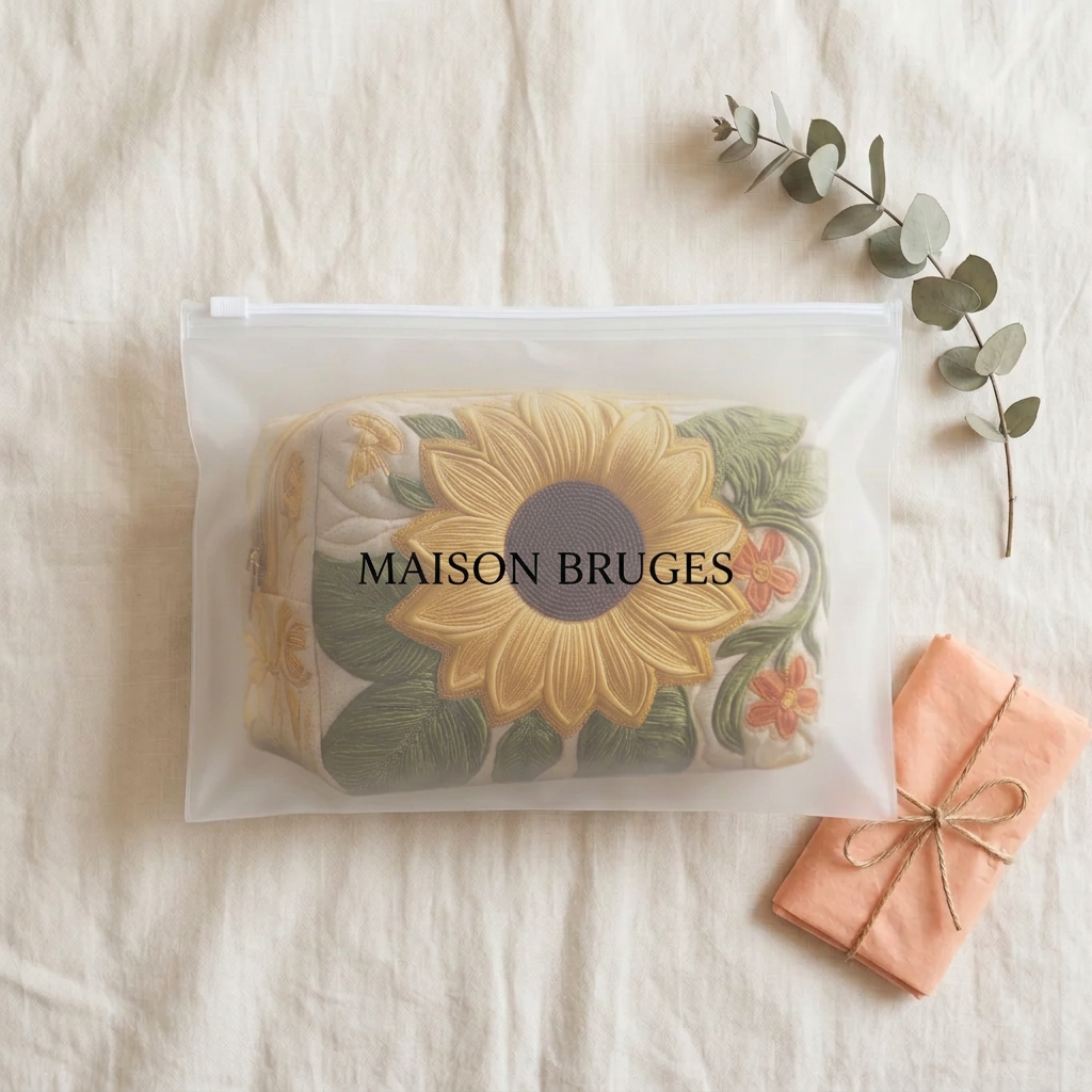 Trousse de maquillage matelassée Fleur Éclatante emballée dans une pochette Maison Bruges