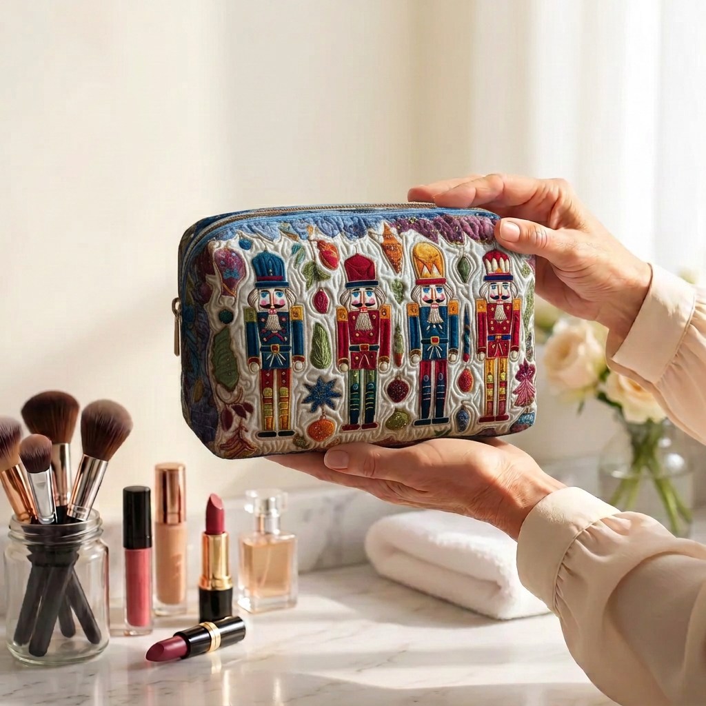Trousse de maquillage matelassée Casse-Noisette Scintillant tenue en main près de la coiffeuse