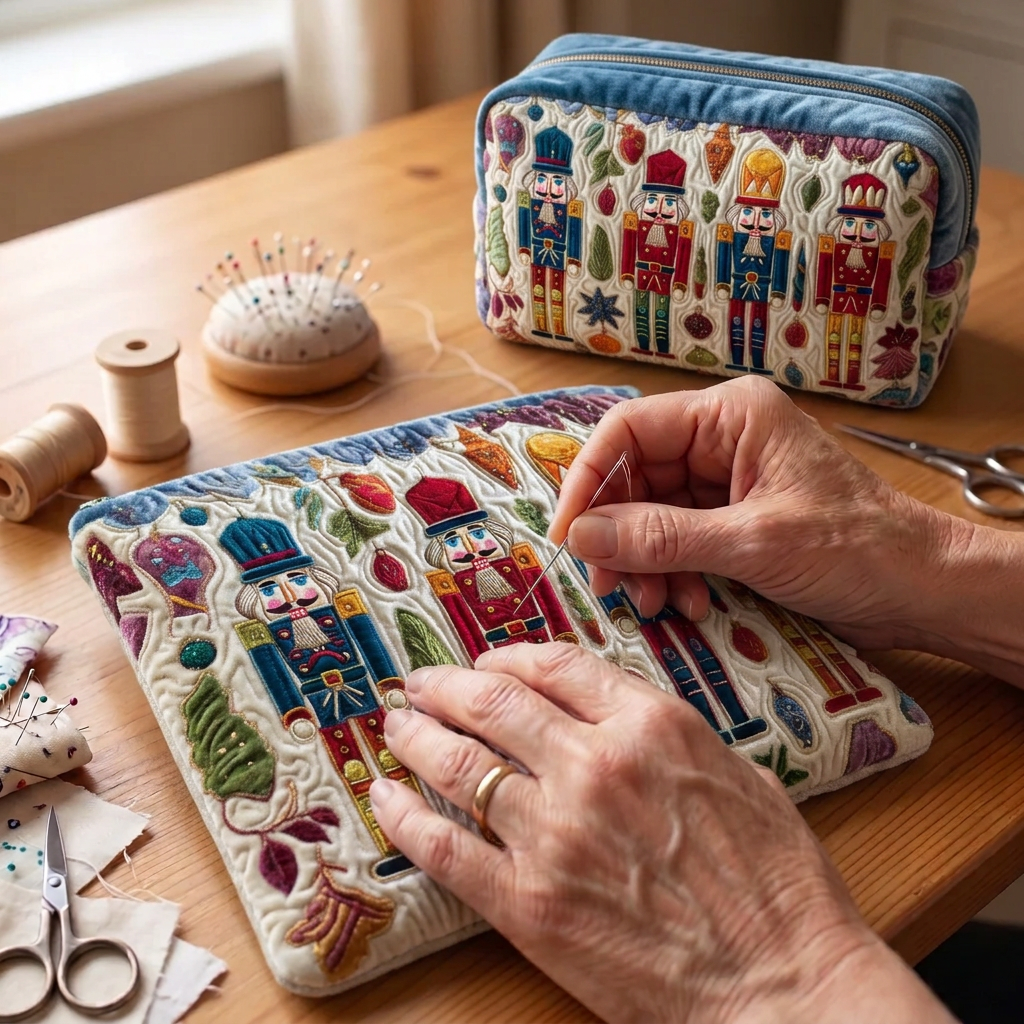 Tissu matelassé au motif Casse-Noisette Scintillant en cours de couture