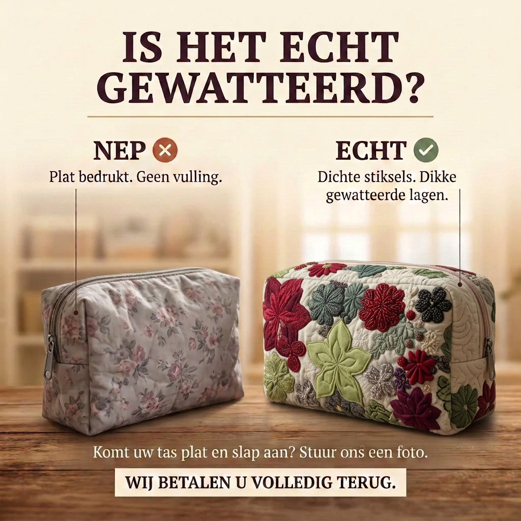 Gewatteerde make-uptas Tuinlied: echt gewatteerd tegenover plat bedrukt
