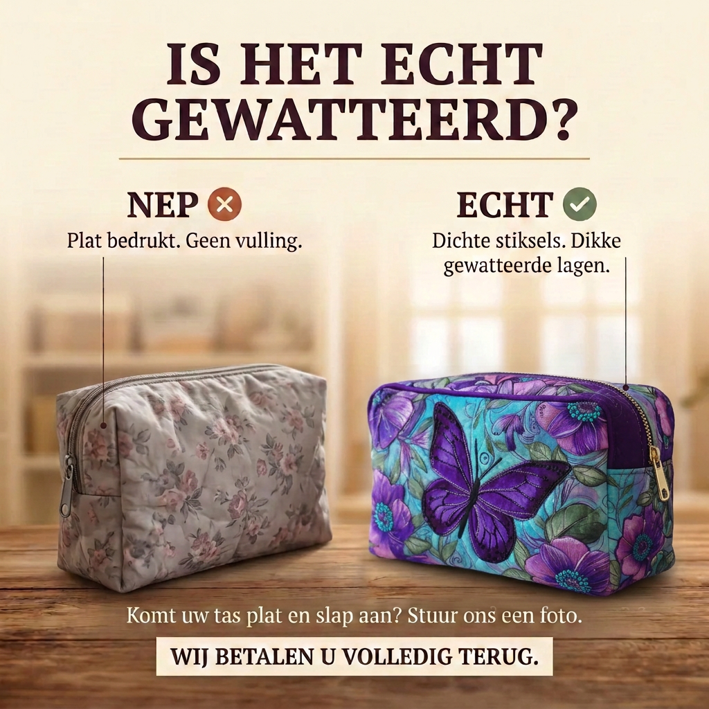 Gewatteerde make-uptas Vlinderbloesem: echt gewatteerd tegenover plat bedrukt
