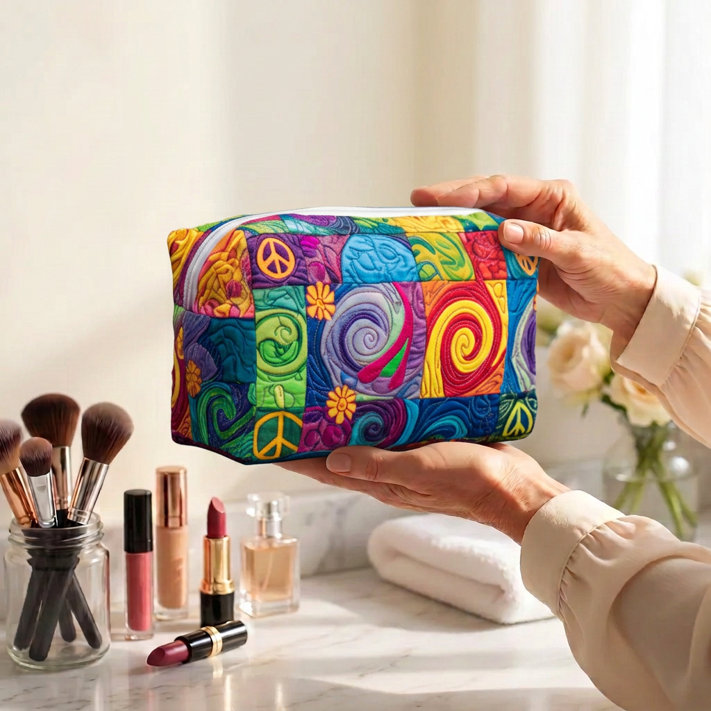 Trousse de maquillage matelassée Esprit de Paix tenue en main près de la coiffeuse