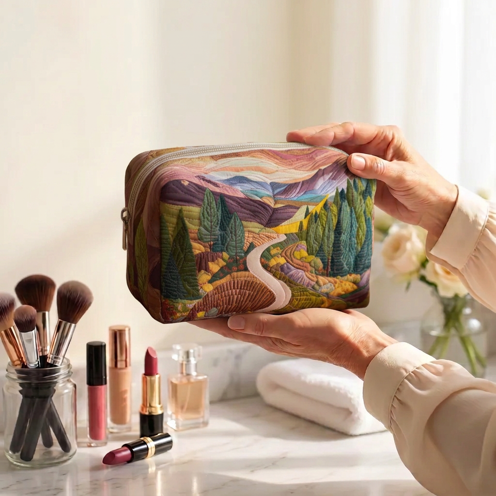 Trousse de maquillage matelassée Vallée Paisible tenue en main près de la coiffeuse