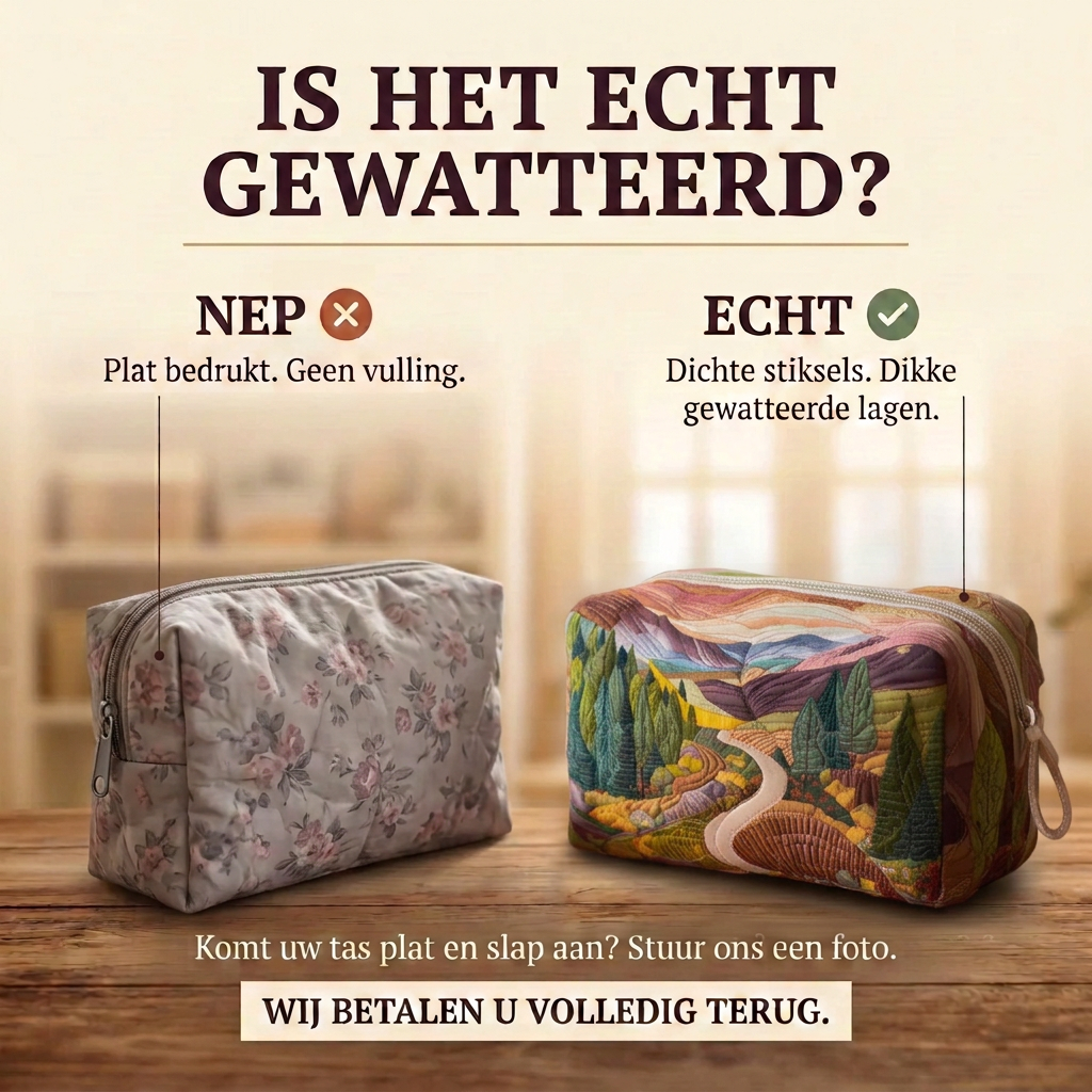 Gewatteerde make-uptas Vredige Vallei: echt gewatteerd tegenover plat bedrukt