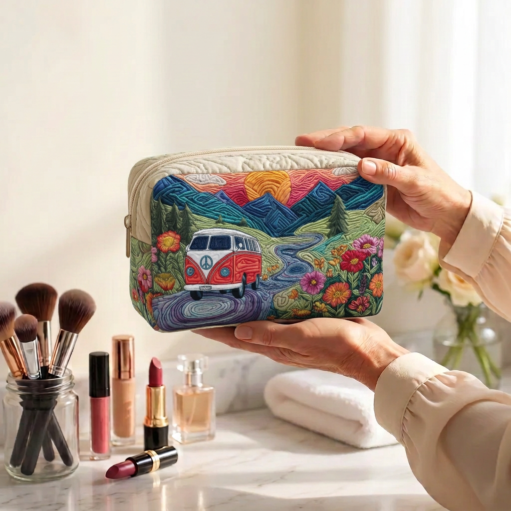 Trousse de maquillage matelassée Horizons Libres tenue en main près de la coiffeuse
