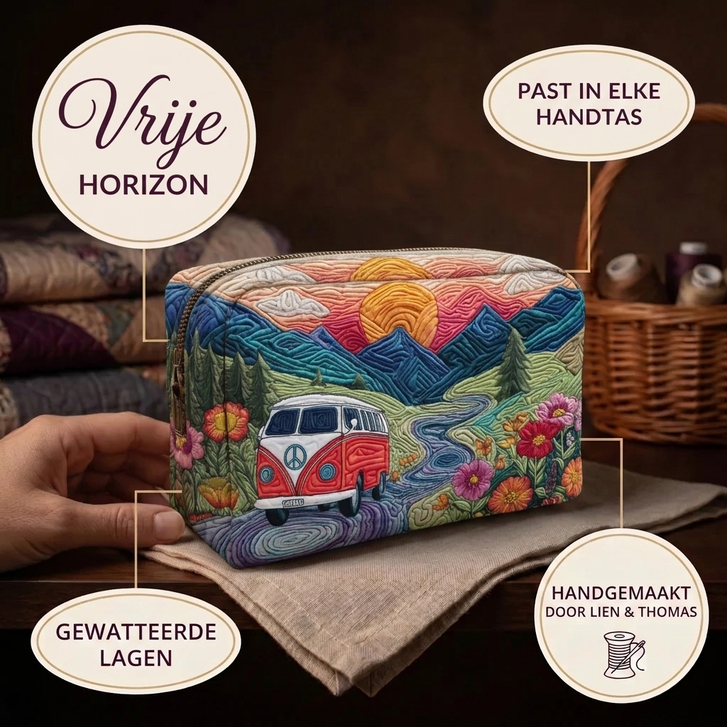 Trousse de maquillage matelassée Horizons Libres en détail : tient dans tous les sacs, matelassée