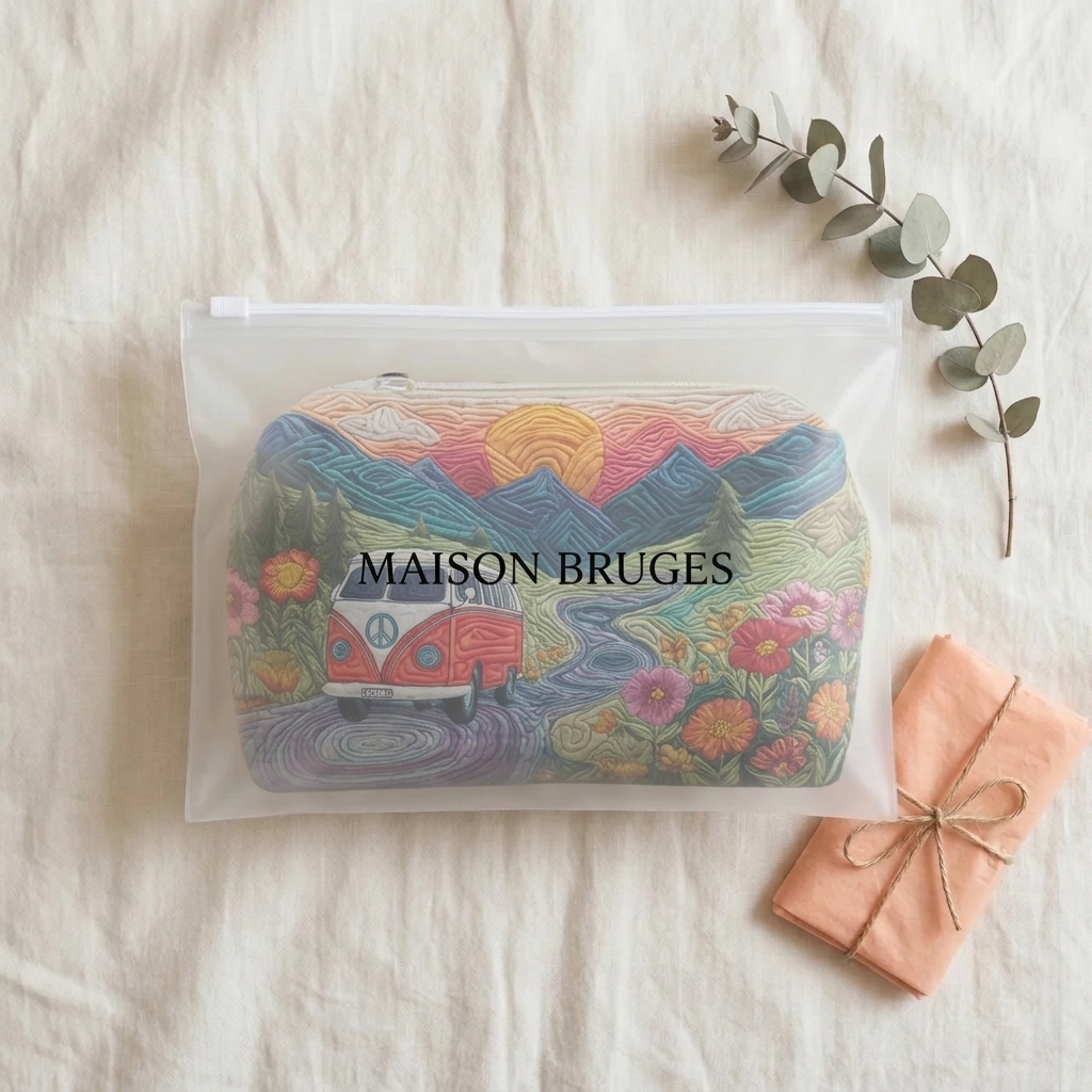 Trousse de maquillage matelassée Horizons Libres emballée dans une pochette Maison Bruges