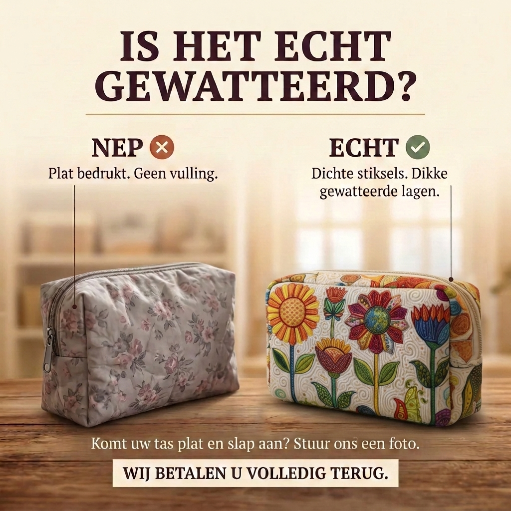 Gewatteerde make-uptas Vrolijke Bloei: echt gewatteerd tegenover plat bedrukt