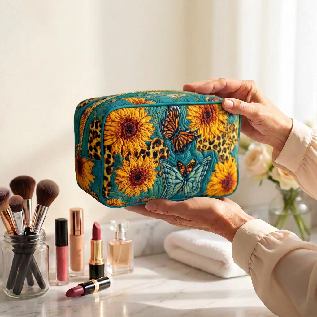 Trousse de maquillage matelassée Pétales Joyeux tenue en main près de la coiffeuse