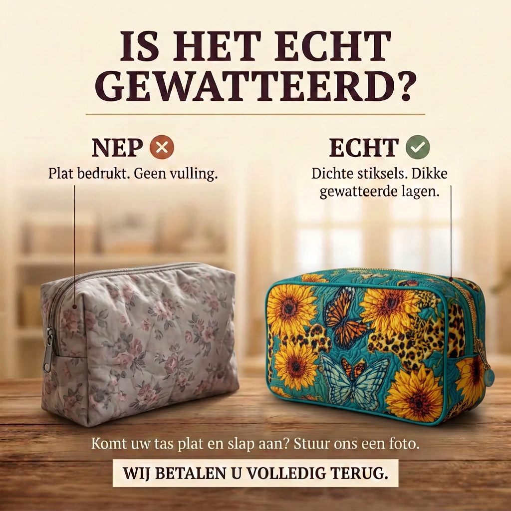 Gewatteerde make-uptas Vrolijke Bloemblaadjes: echt gewatteerd tegenover plat bedrukt