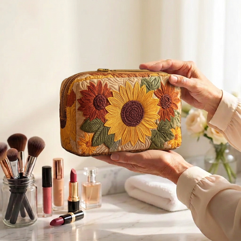 Trousse de maquillage matelassée Charme Joyeux tenue en main près de la coiffeuse