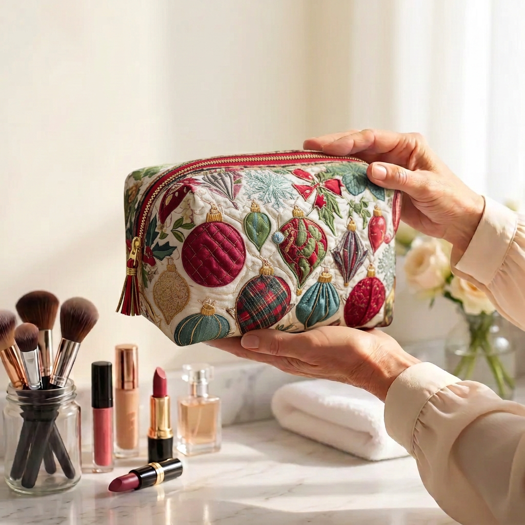 Trousse de maquillage matelassée Boule de Noël Joyeuse tenue en main près de la coiffeuse