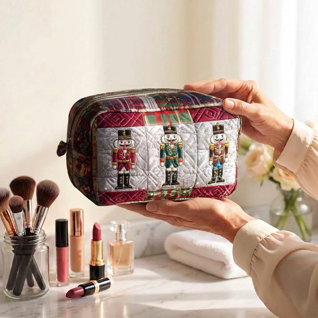 Trousse de maquillage matelassée Joyeux Casse-Noisette tenue en main près de la coiffeuse
