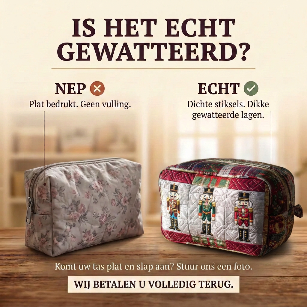 Gewatteerde make-uptas Vrolijke Notenkraker: echt gewatteerd tegenover plat bedrukt