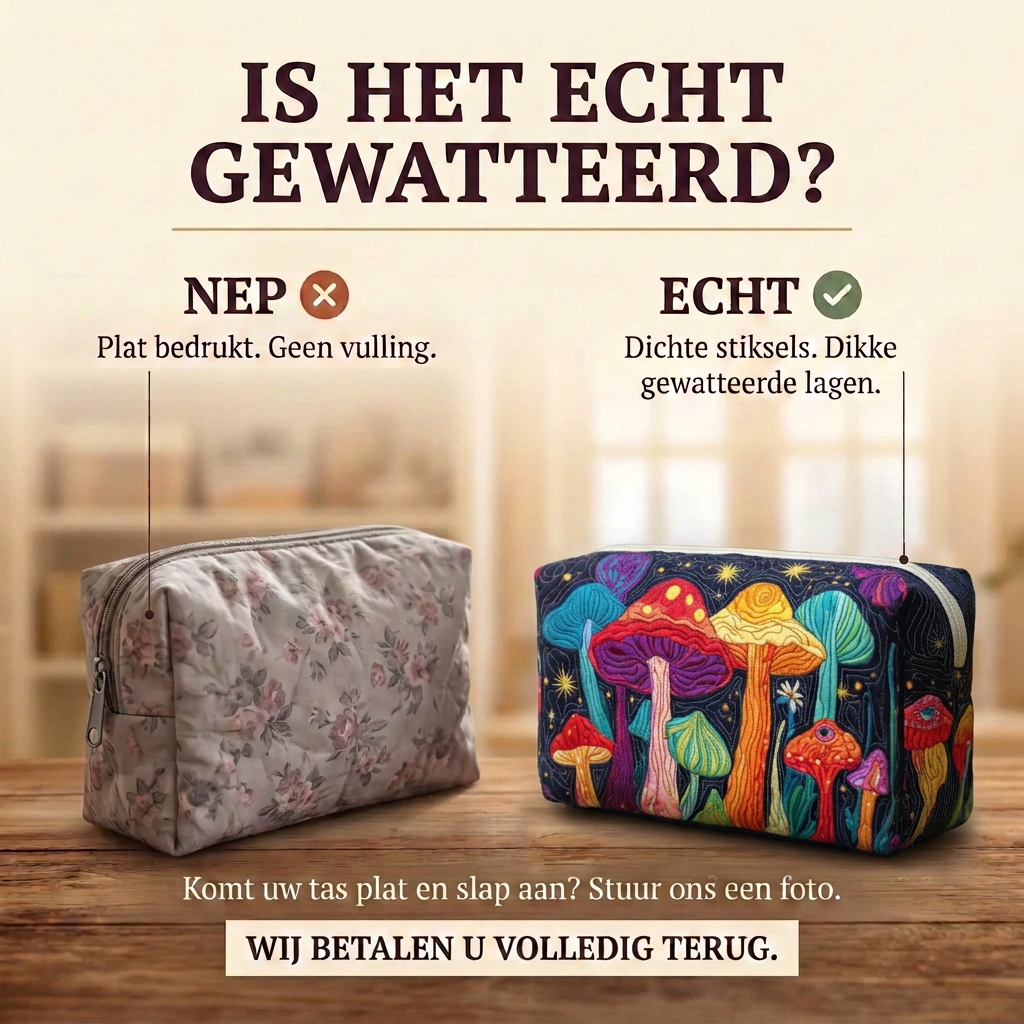 Gewatteerde make-uptas Vrolijke Paddenstoel: echt gewatteerd tegenover plat bedrukt