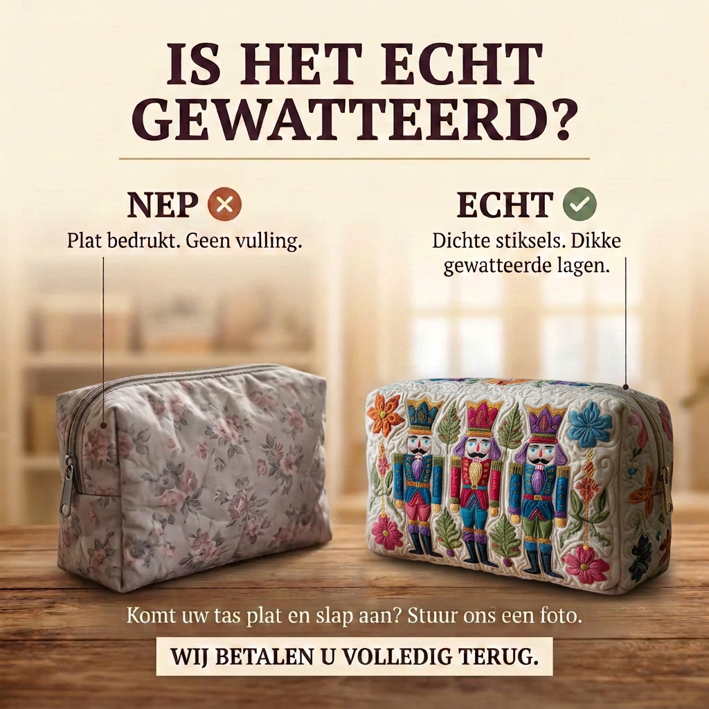 Gewatteerde make-uptas Wachter van de Feestvreugde: echt gewatteerd tegenover plat bedrukt