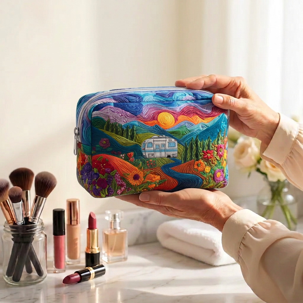 Trousse de maquillage matelassée Route des Couleurs tenue en main près de la coiffeuse