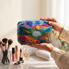 Trousse de maquillage matelassée Route des Couleurs tenue en main près de la coiffeuse