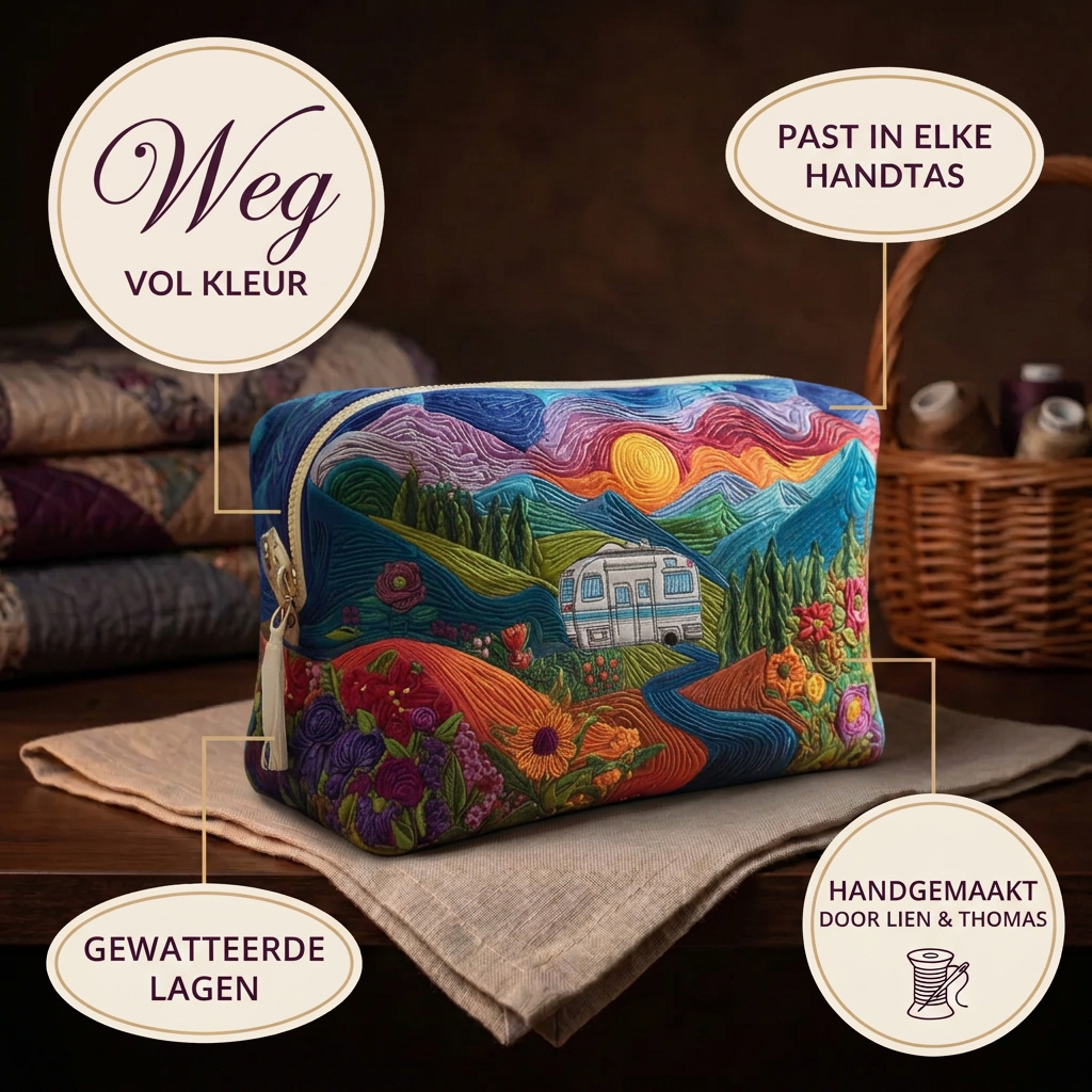Trousse de maquillage matelassée Route des Couleurs en détail : tient dans tous les sacs, matelassée