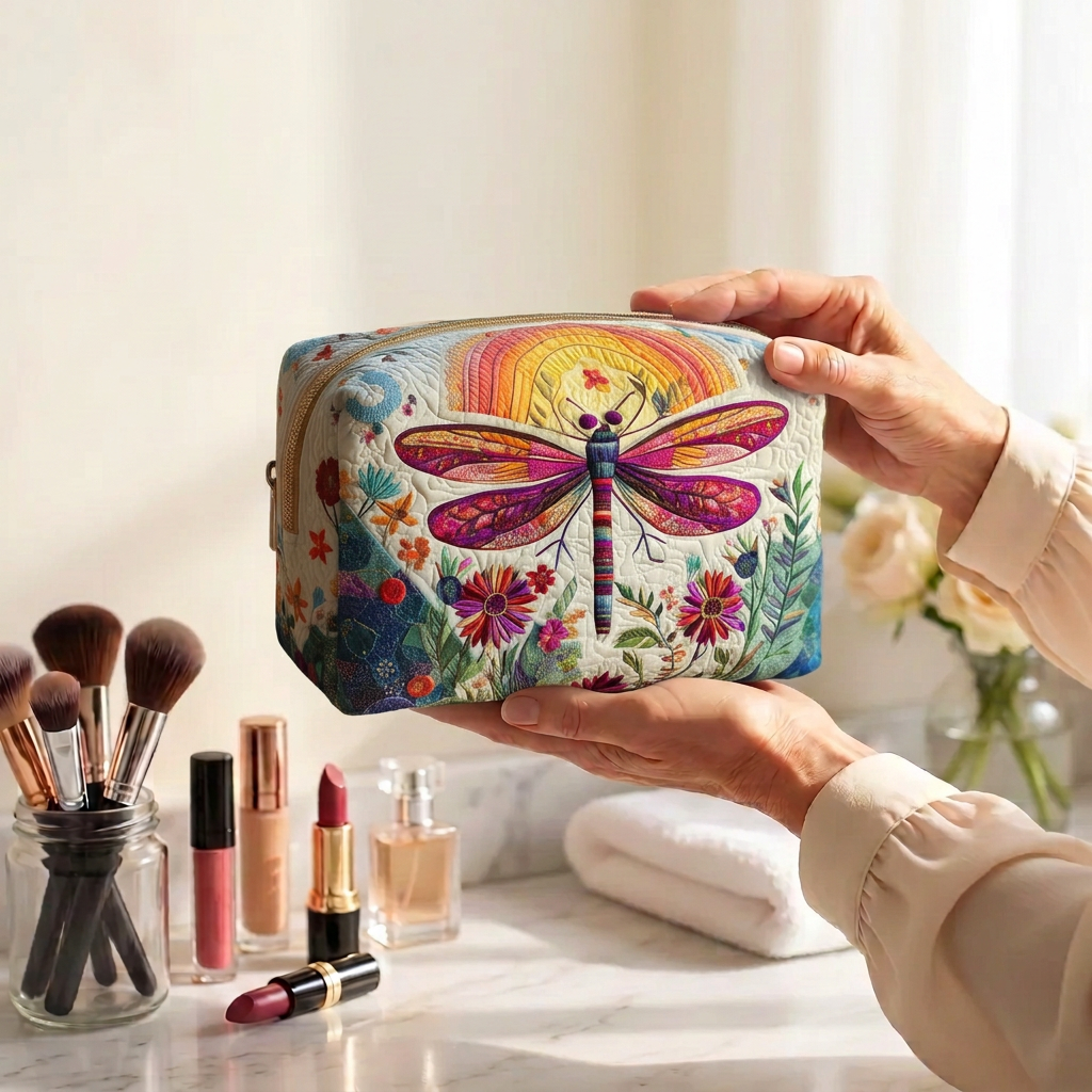 Trousse de maquillage matelassée Vol Tout Doux tenue en main près de la coiffeuse