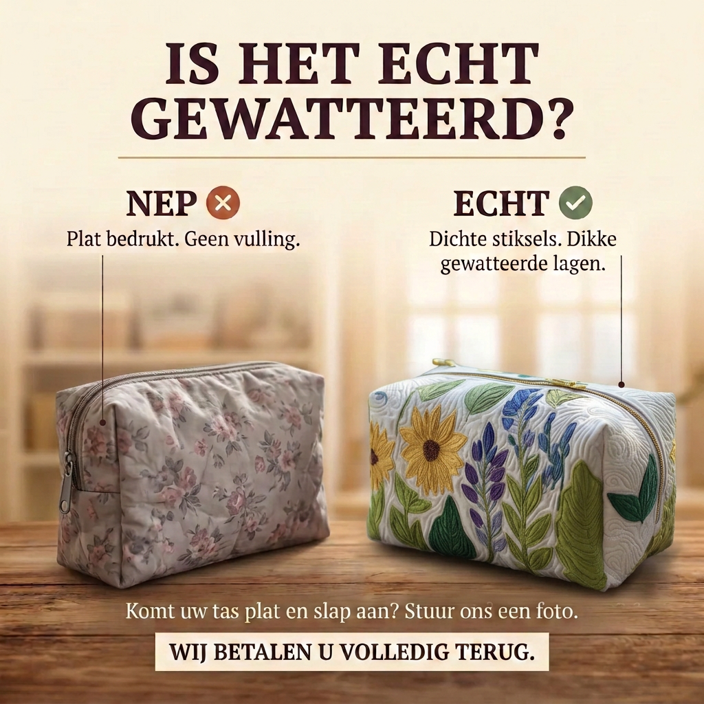 Gewatteerde make-uptas Zachte Weide: echt gewatteerd tegenover plat bedrukt