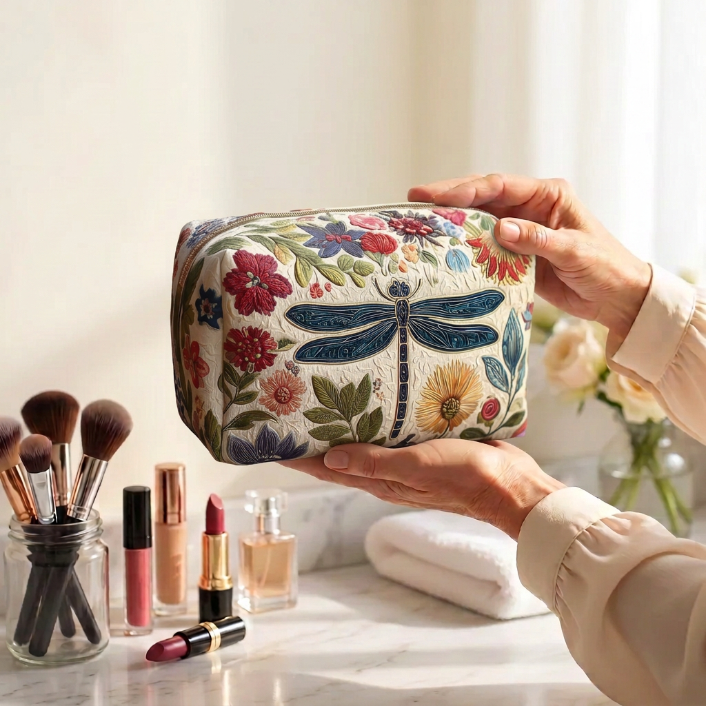 Trousse de maquillage matelassée Ami Bourdonnant tenue en main près de la coiffeuse
