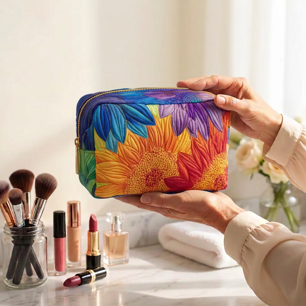 Trousse de maquillage matelassée Floraison d'Été tenue en main près de la coiffeuse