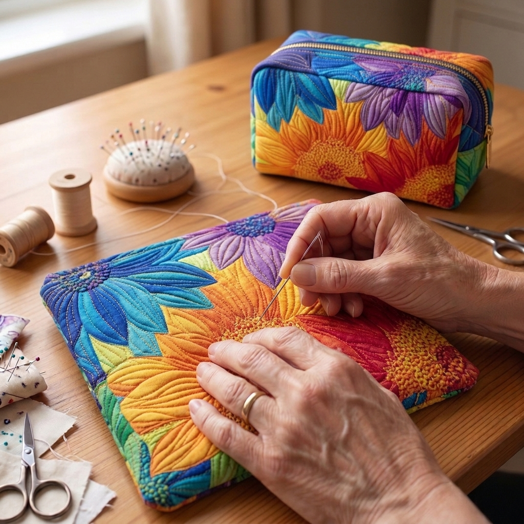 Tissu matelassé au motif Floraison d'Été en cours de couture