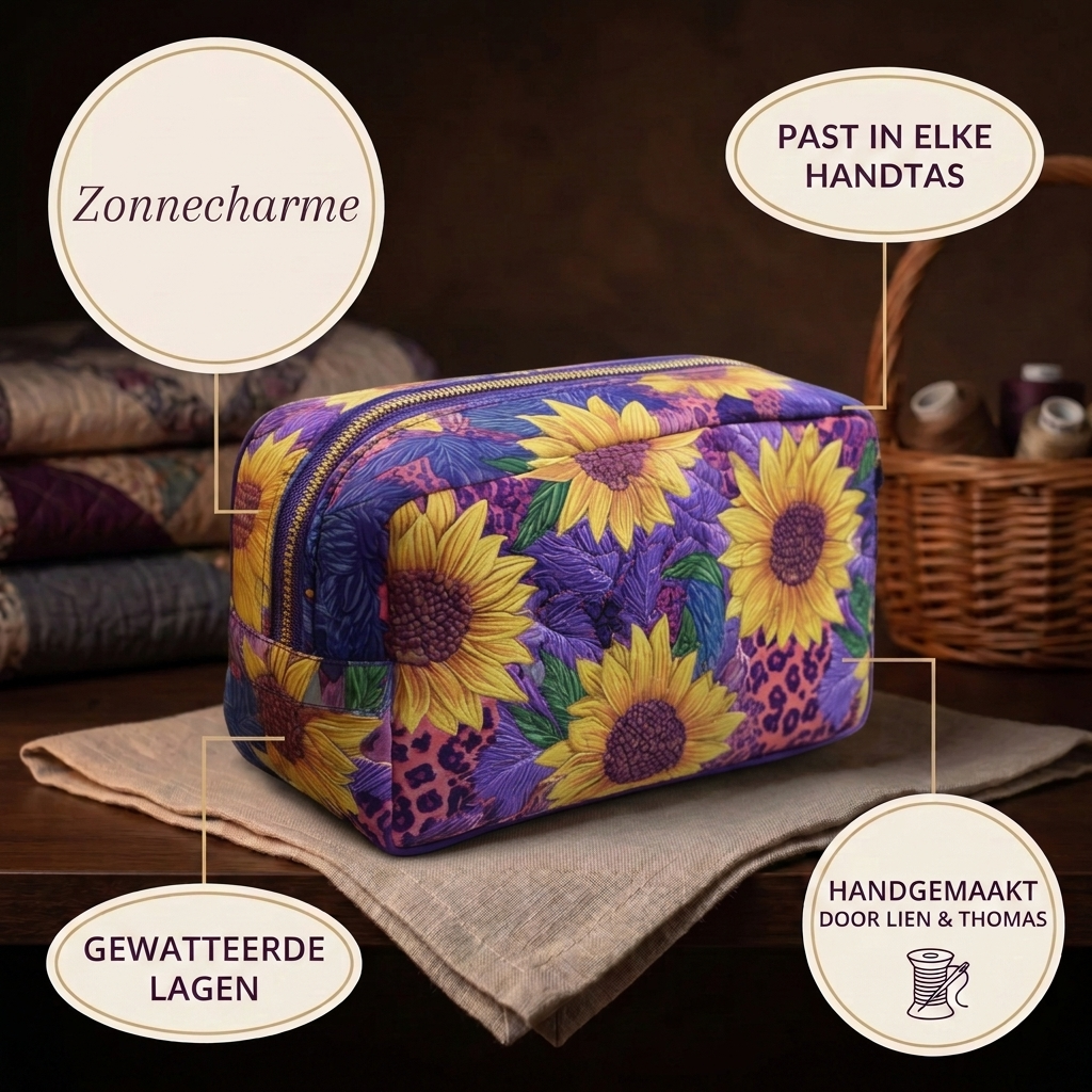 Trousse de maquillage matelassée Charme du Soleil en détail : tient dans tous les sacs, matelassée