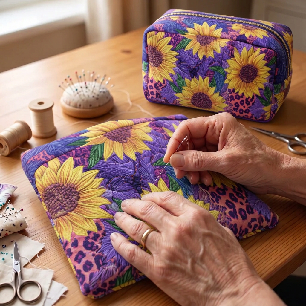 Tissu matelassé au motif Charme du Soleil en cours de couture