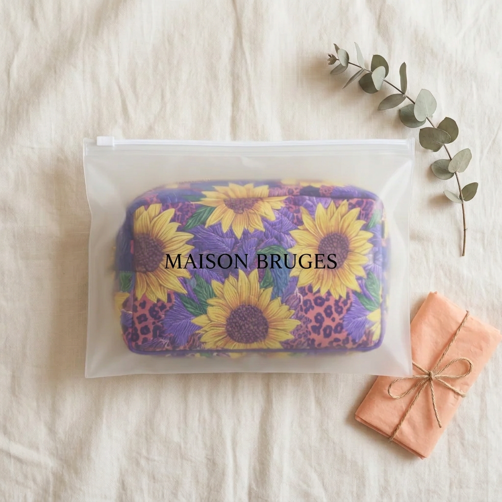 Trousse de maquillage matelassée Charme du Soleil emballée dans une pochette Maison Bruges