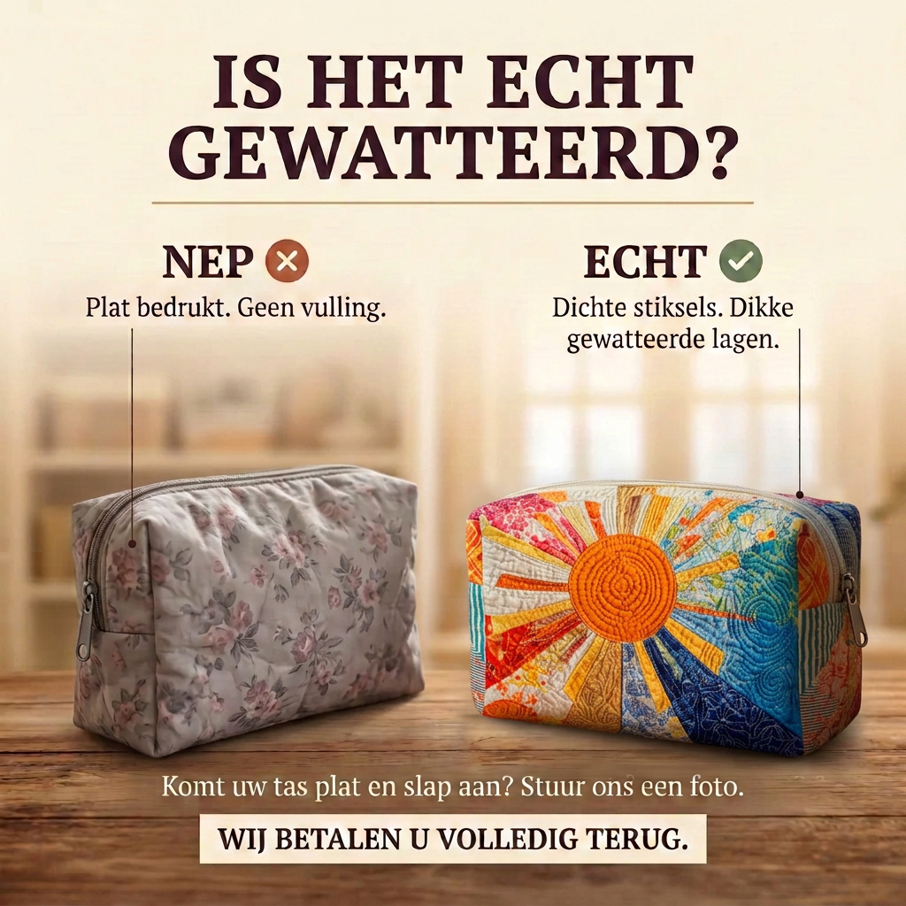 Gewatteerde make-uptas Zonnestraal: echt gewatteerd tegenover plat bedrukt
