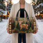 Sac de voyage matelassé Cerf d'Automne tenu par une femme dans la neige