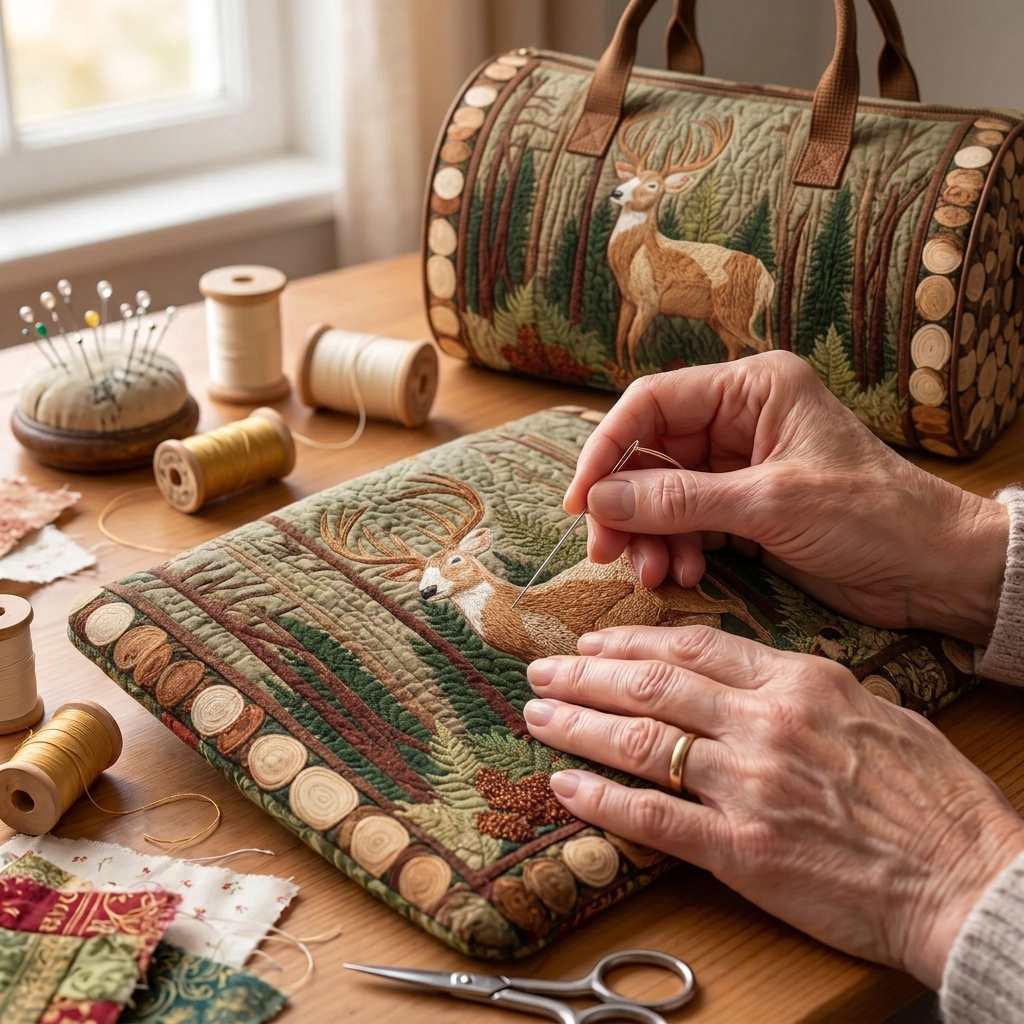 Tissu matelassé au motif Cerf d'Automne en cours de couture
