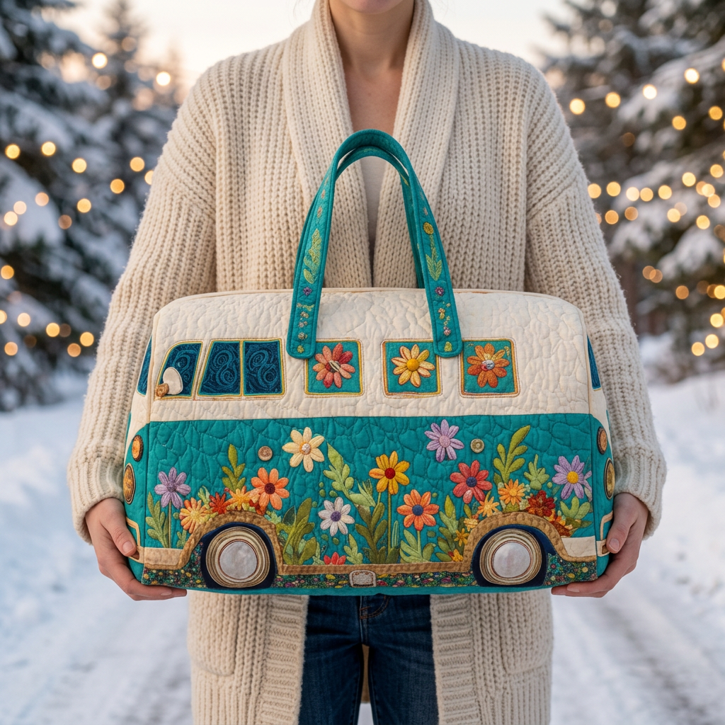 Gewatteerde reistas Bloemenbusje vastgehouden door een vrouw in de sneeuw