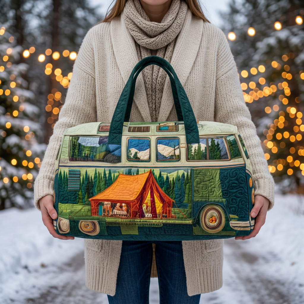 Sac de voyage matelassé Van de Camping tenu par une femme dans la neige