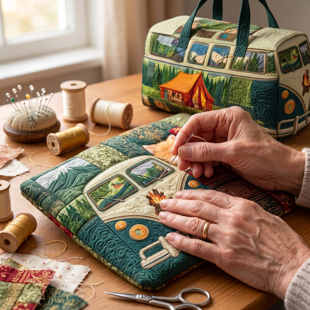 Tissu matelassé au motif Van de Camping en cours de couture