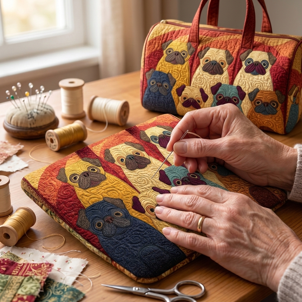 Tissu matelassé au motif Carlin Dodu en cours de couture