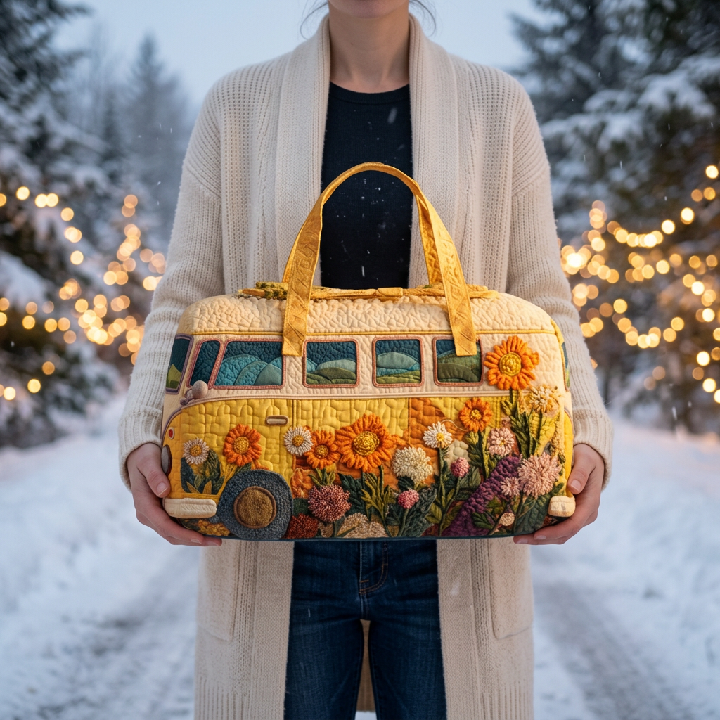 Sac de voyage matelassé Sentiers Classiques tenu par une femme dans la neige