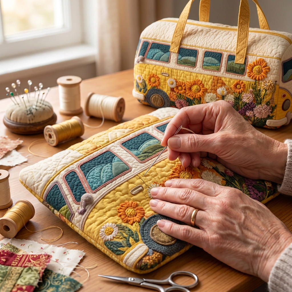 Tissu matelassé au motif Sentiers Classiques en cours de couture