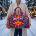 Sac de voyage matelassé Soleil Hippie Joyeux tenu par une femme dans la neige
