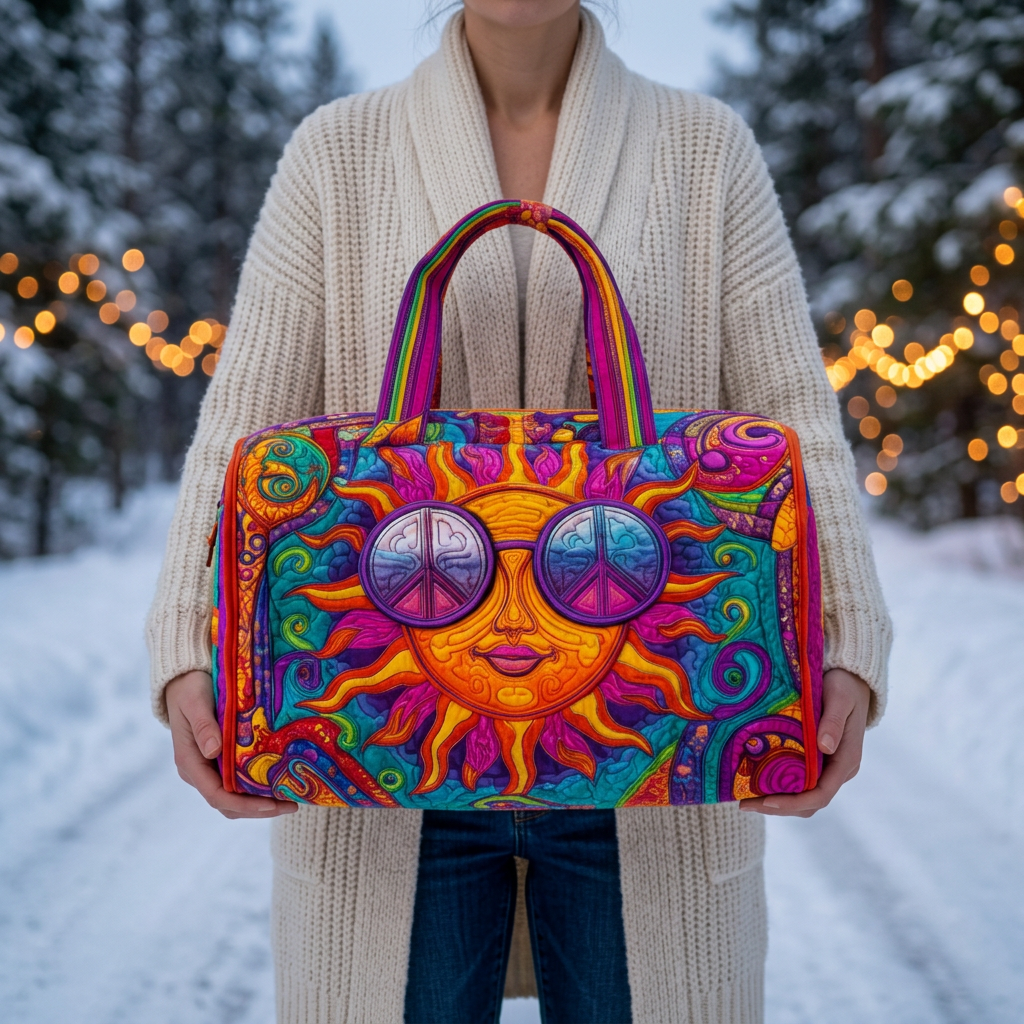 Sac de voyage matelassé Soleil Hippie Joyeux tenu par une femme dans la neige