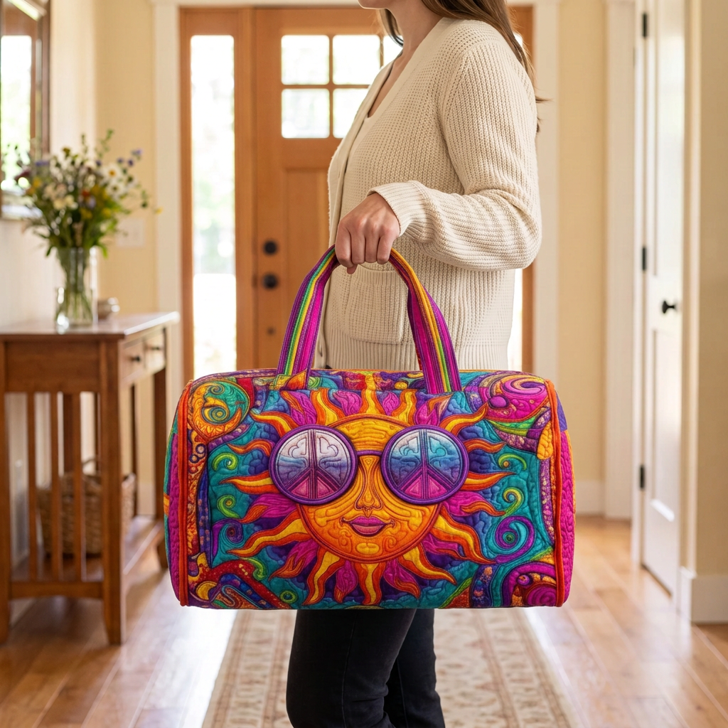 Sac de voyage matelassé Soleil Hippie Joyeux porté à la main dans l'entrée