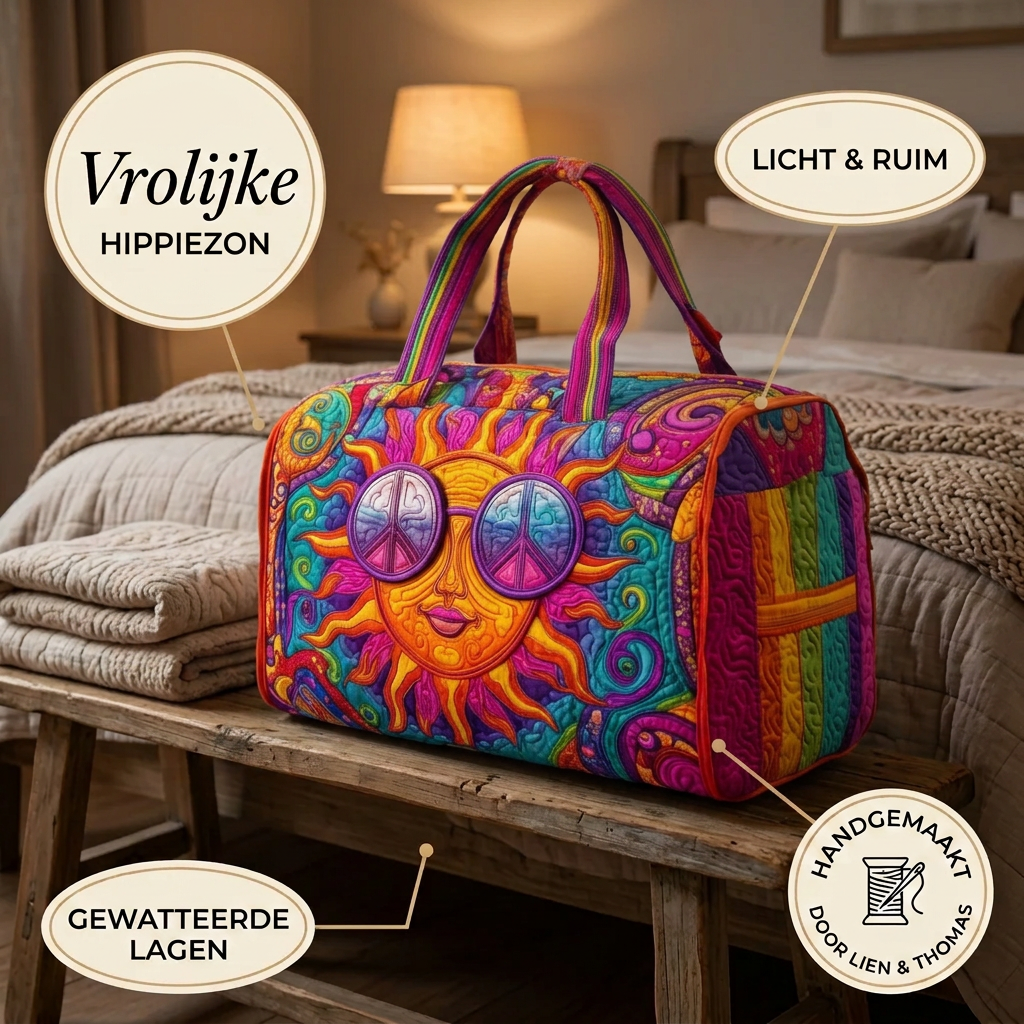Sac de voyage matelassé Soleil Hippie Joyeux en détail : léger, spacieux, matelassé