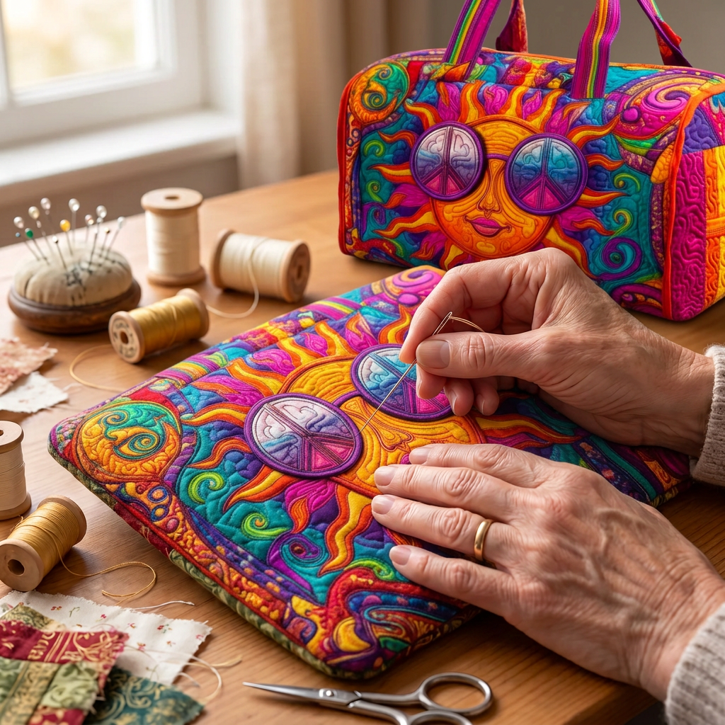 Tissu matelassé au motif Soleil Hippie Joyeux en cours de couture